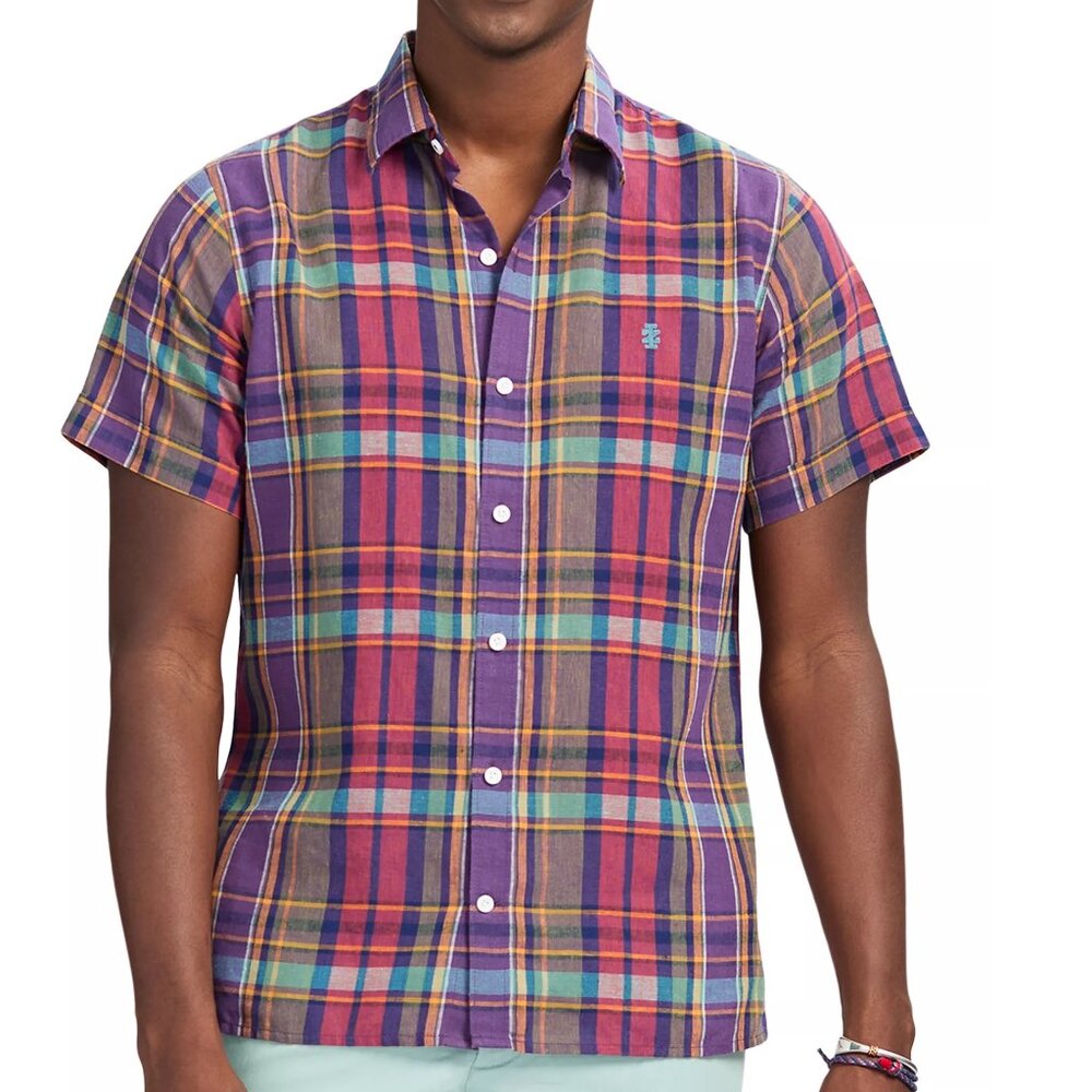 Mens IZOD Linen Blend Madras Plaid Short Sleeve Shirt Size Med Lar XL Jewel NWT